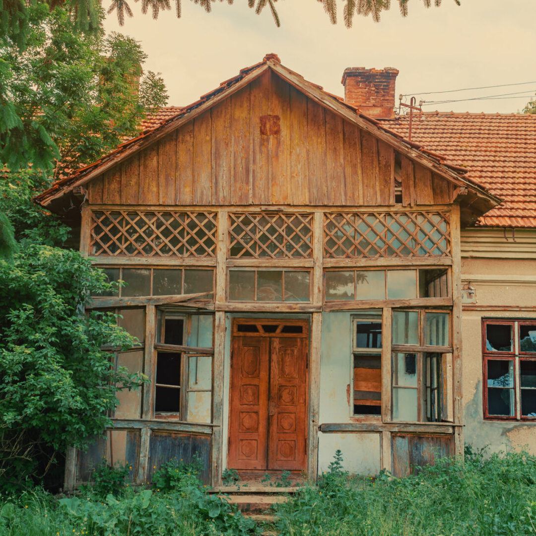 Old abandoned house overgrown with trees and grass.